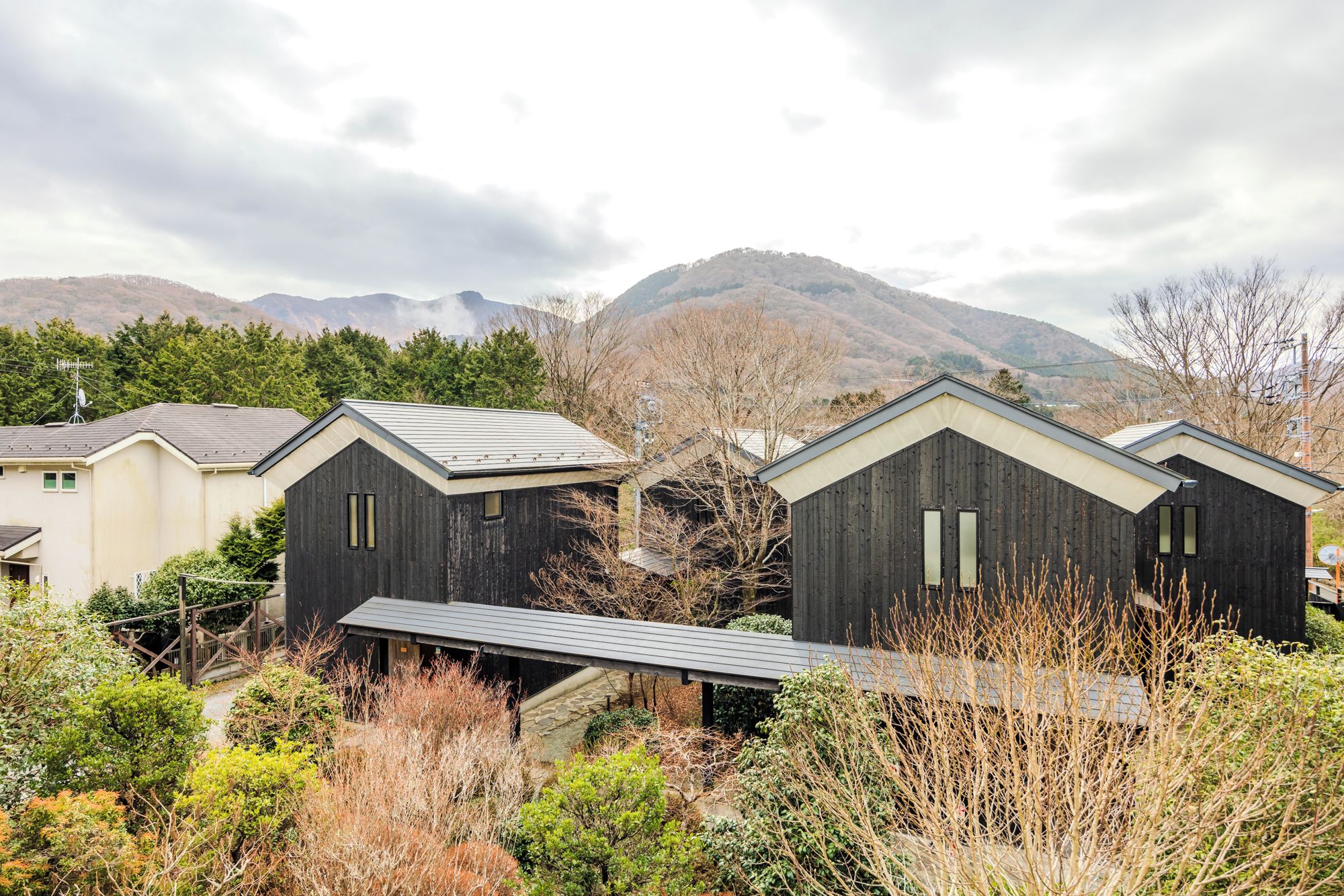 A residential area with multiple houses, some with dark wooden exteriors and others with lighter facades, surrounded by greenery and mountains in the background.