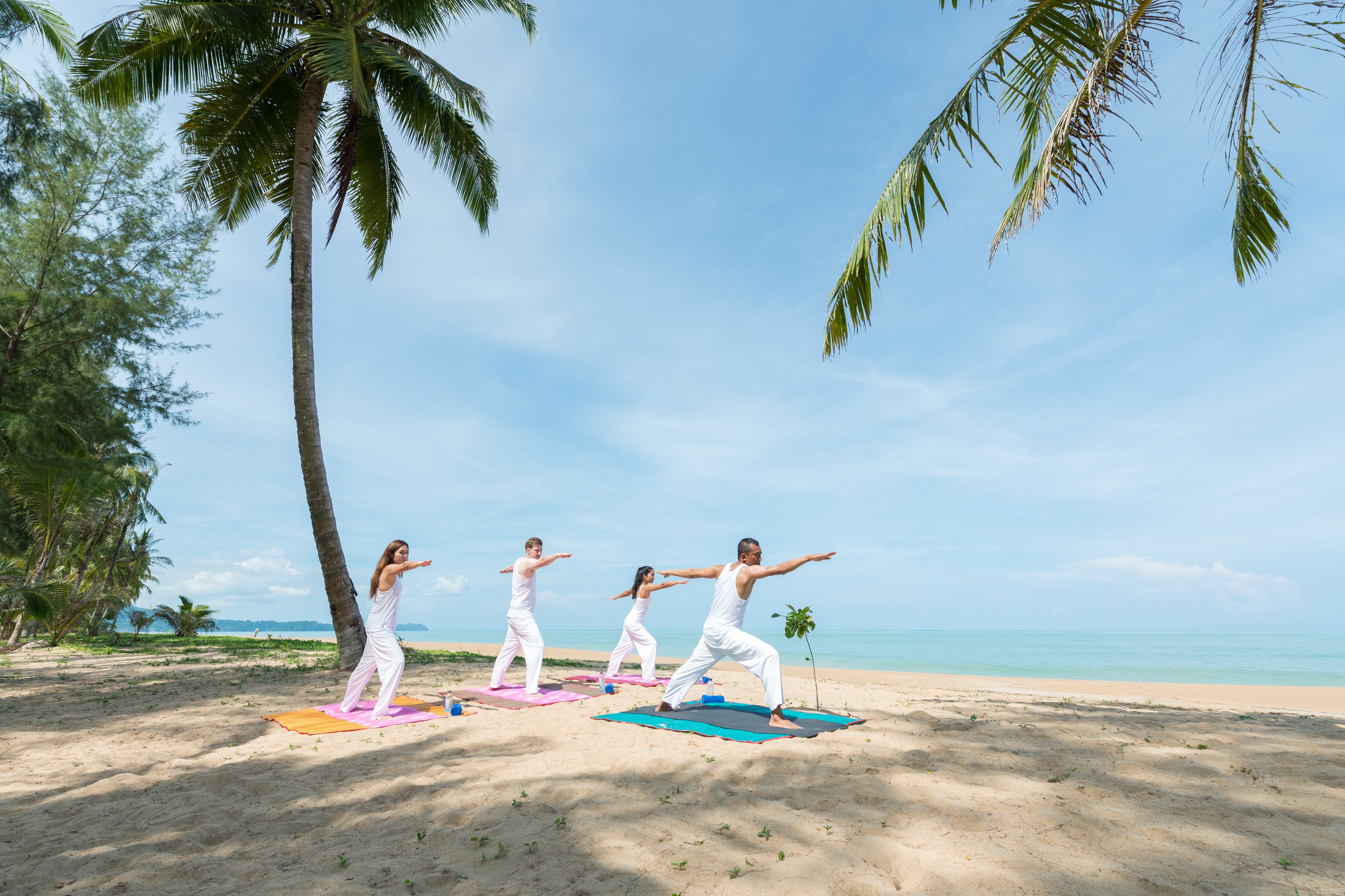 Four people practicing yoga on mats on a sandy beach with palm trees and a clear sky in the background.