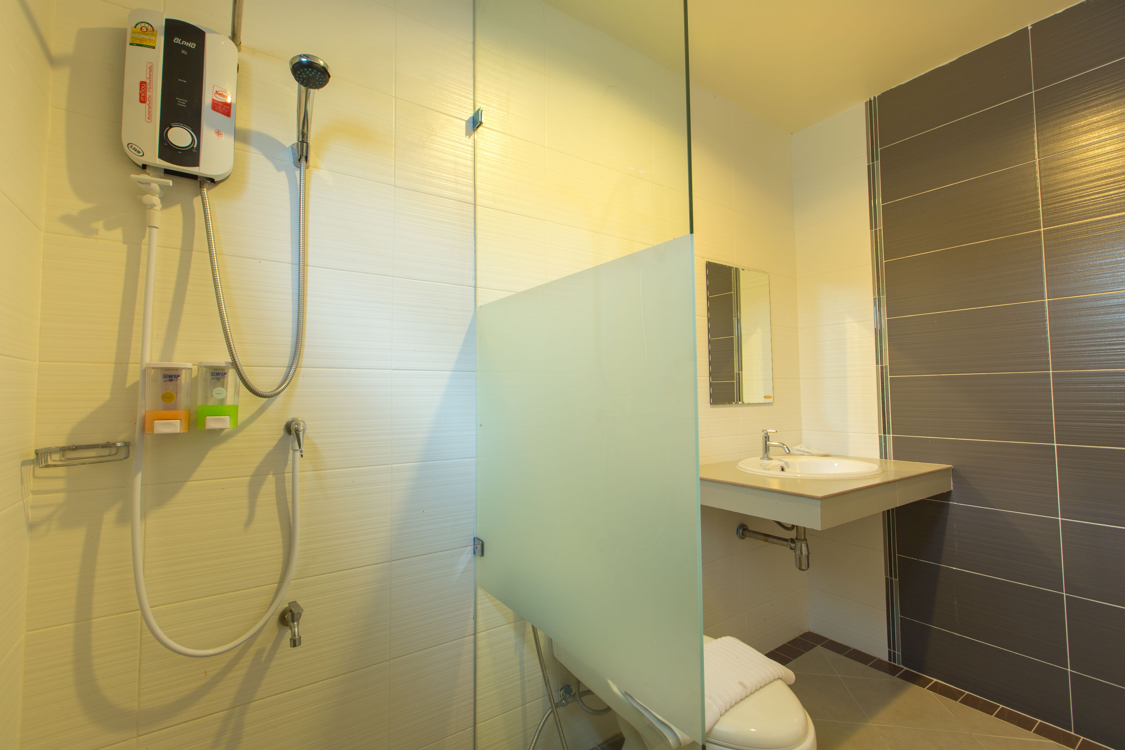 shower, free toiletries, hair dryer, towels