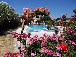 Piscina stagionale all'aperto, ombrelloni da piscina, lettini