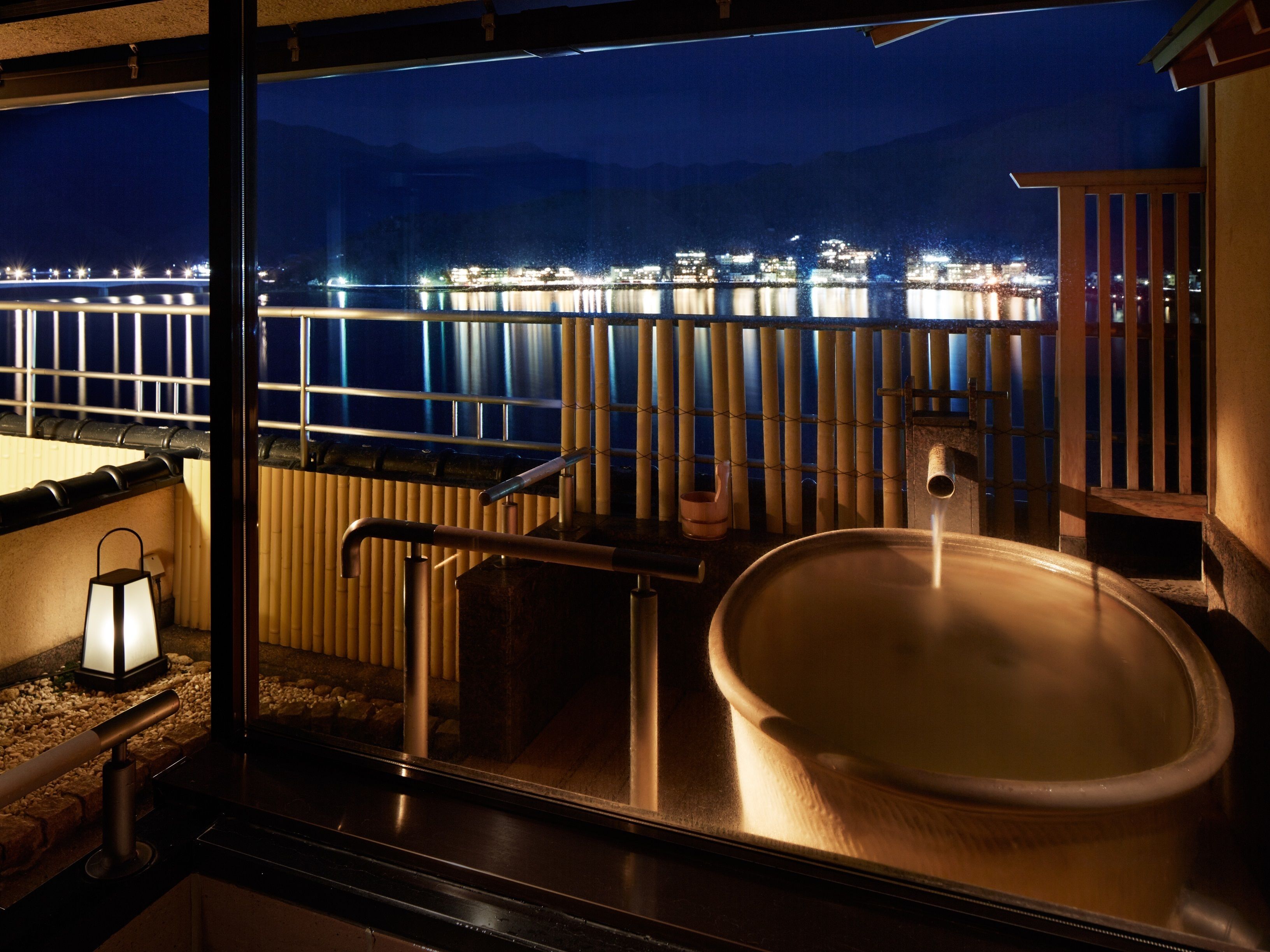 japanese-style superior room, open air bath, lake view | bathroom | separate bathtub and shower, free toiletries, hair dryer, slippers