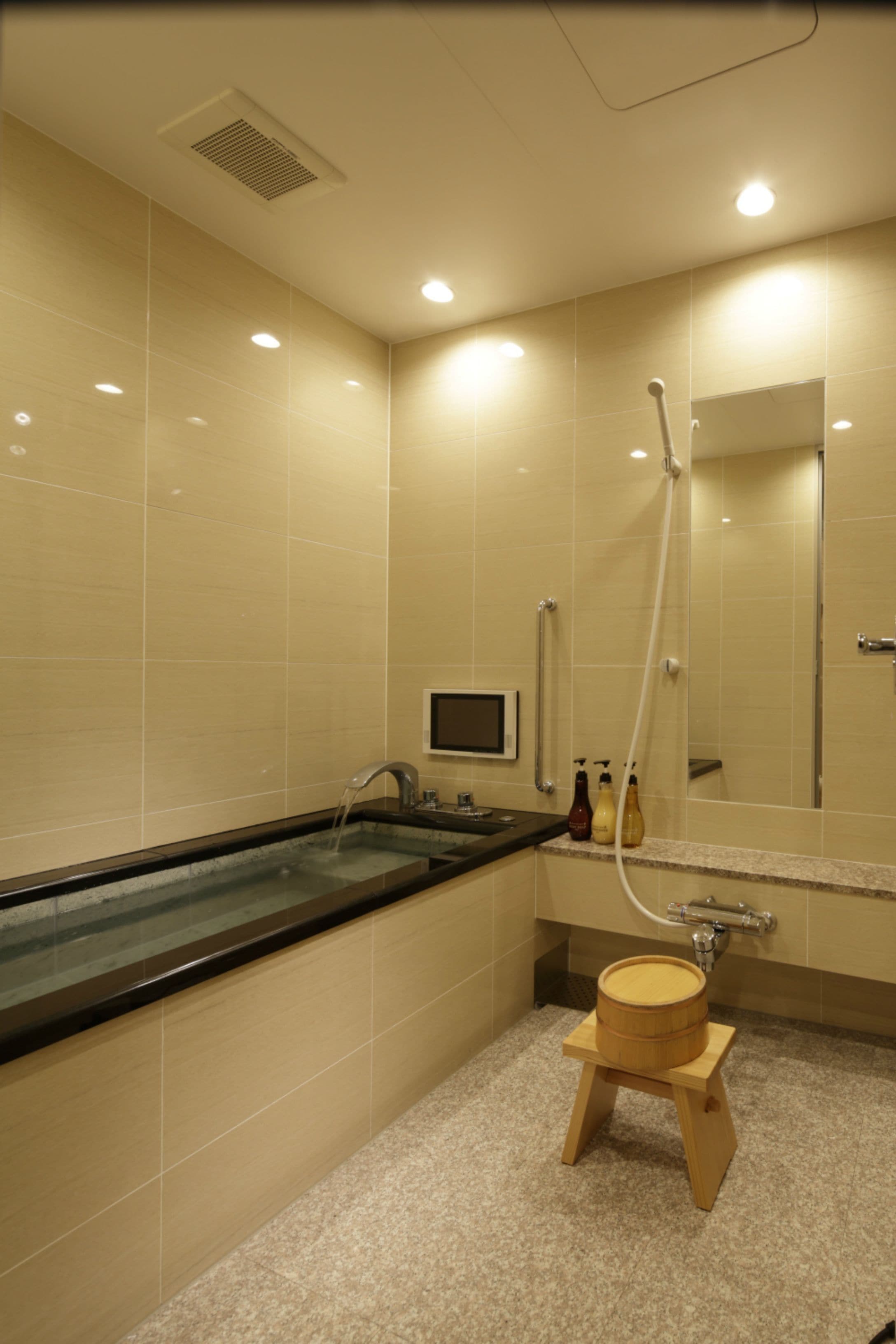 japanese style room with twin bed, kawaguchi lake view | bathroom | separate bathtub and shower, free toiletries, hair dryer, slippers