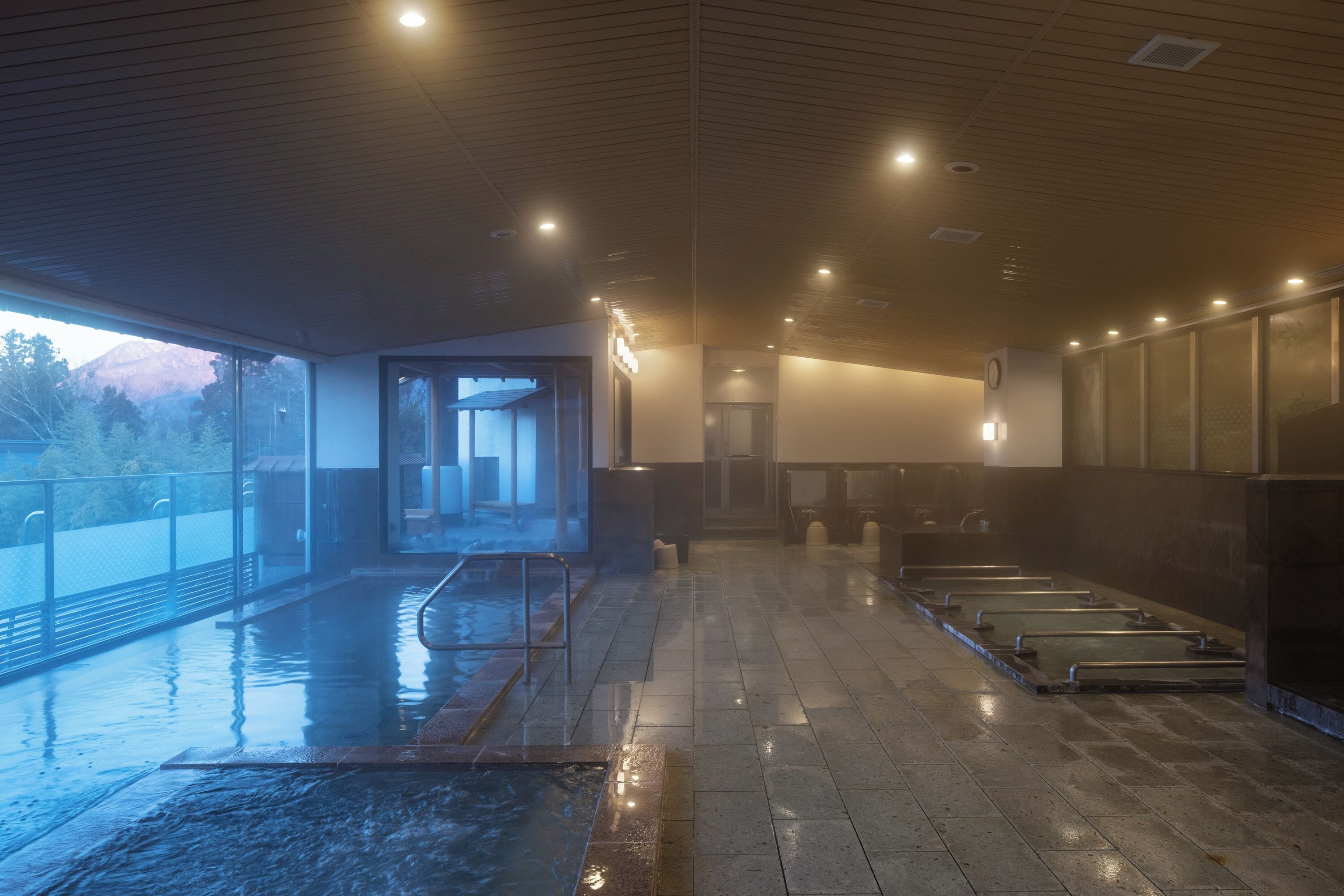Una piscina interior moderna con vistas a montañas, una zona de recepción y una sauna.