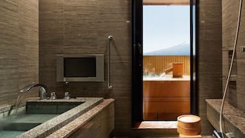 Japanese Western Style Deluxe Room with Open Air Bath, Mountain View | Bathroom | Separate tub and shower, free toiletries, hair dryer, slippers