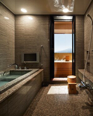 Japanese Western Style Deluxe Room with Open Air Bath, Mountain View | Bathroom | Separate tub and shower, free toiletries, hair dryer, slippers