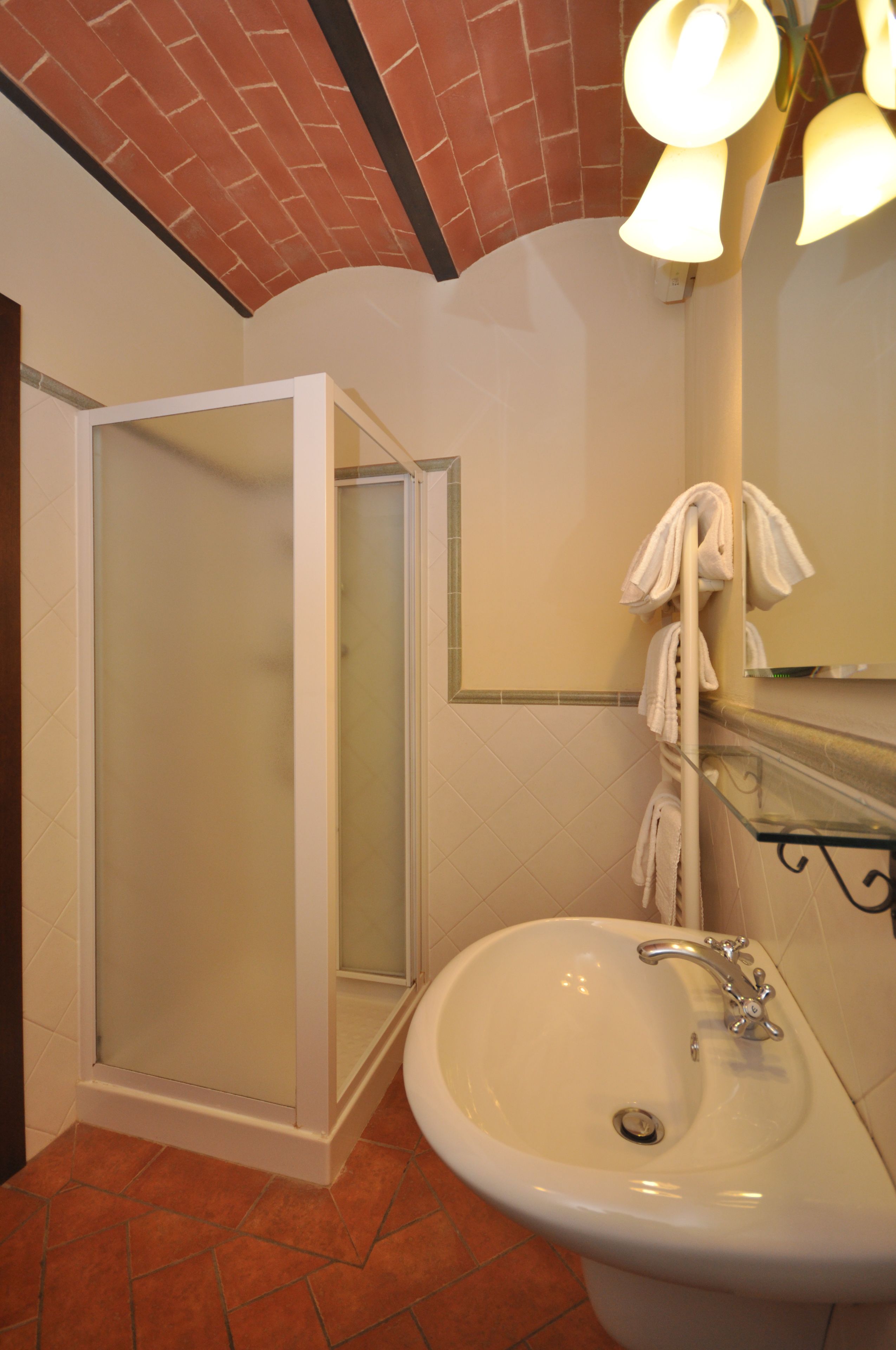 A bathroom with a glass-enclosed shower, a sink, and a mirror.