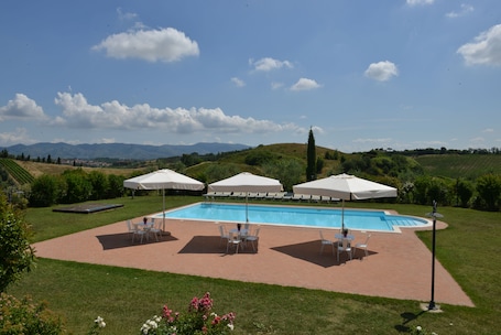 Outdoor pool, open 8:00 AM to 8:00 PM, pool umbrellas, sun loungers