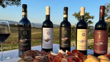 A table set outdoors with wine bottles, charcuterie, and cheese.