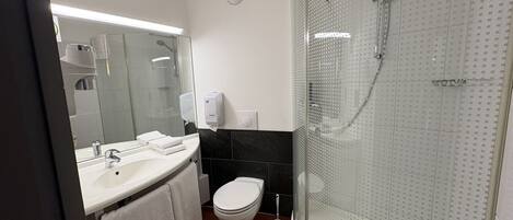 A modern bathroom with a white sink, mirror, toilet, and a glass-enclosed shower area.