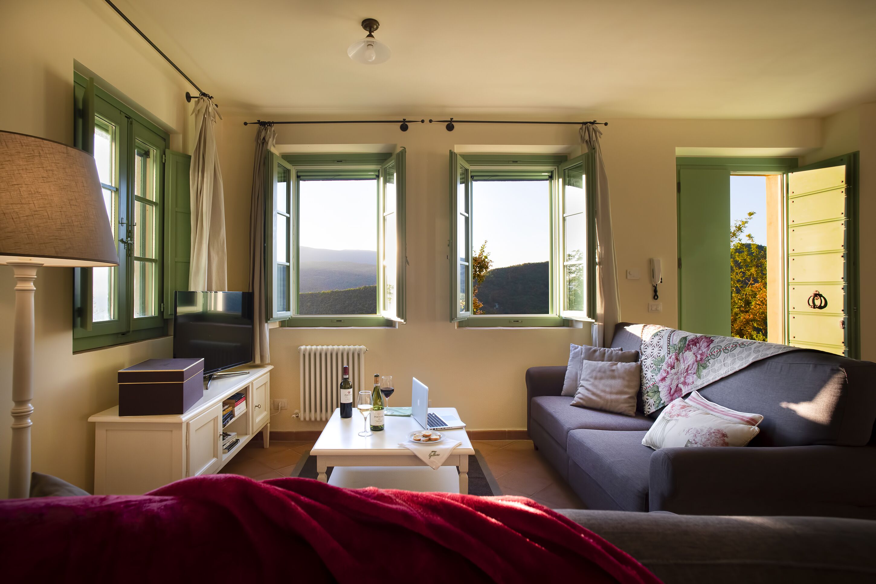 A cozy living room with a TV, laptop, and wine glasses on a table, a sofa with cushions, and large windows with curtains.