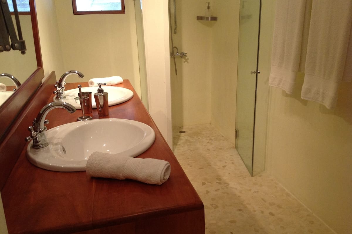standard double room | bathroom | shower, hair dryer, towels, soap