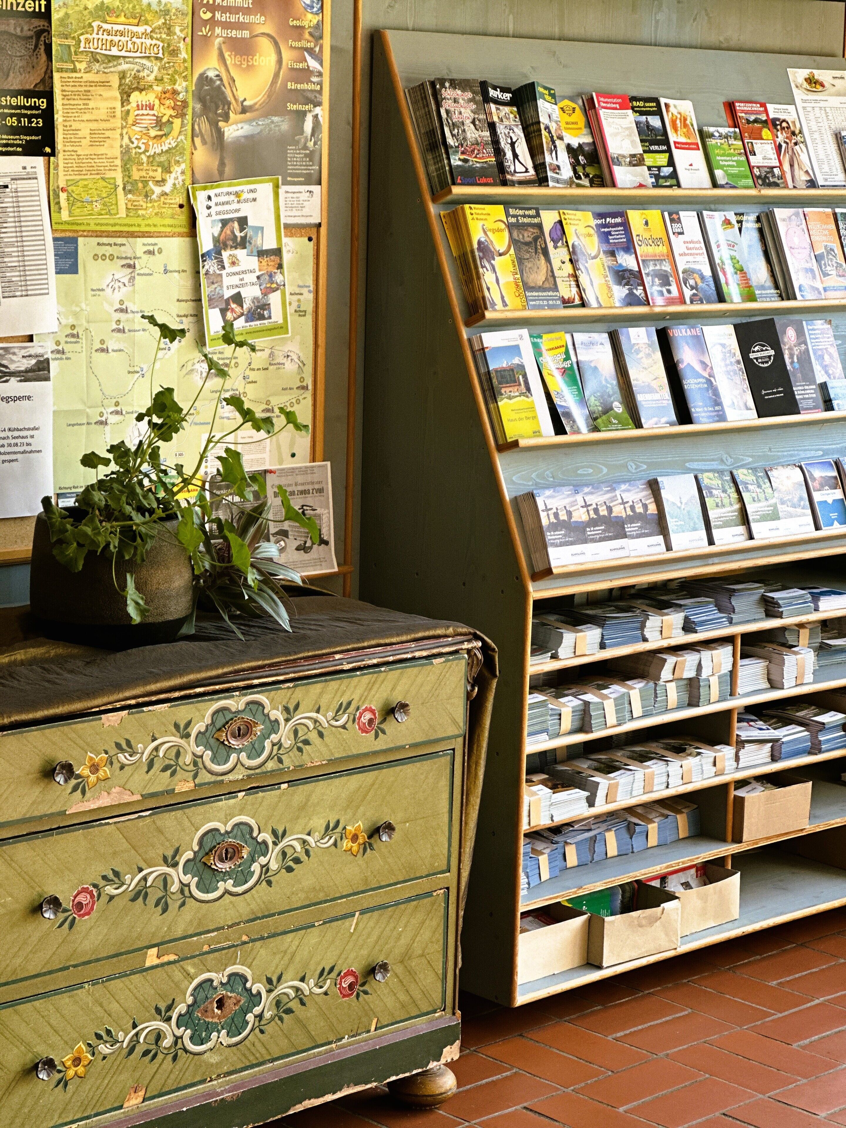 A library with bookshelves and a decorative chest of drawers.