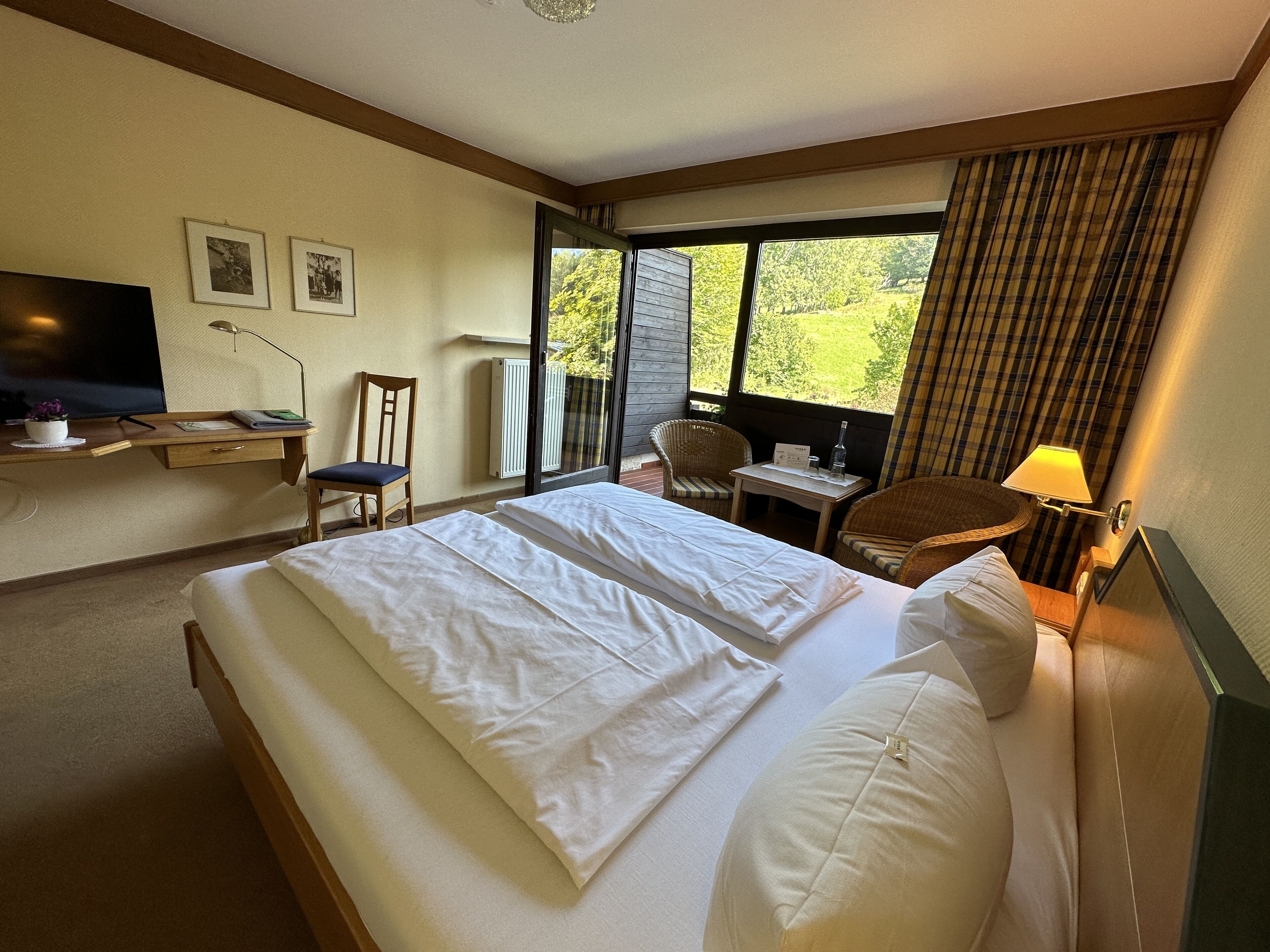 A hotel room with a bed, desk, chair, and a view of greenery outside.
