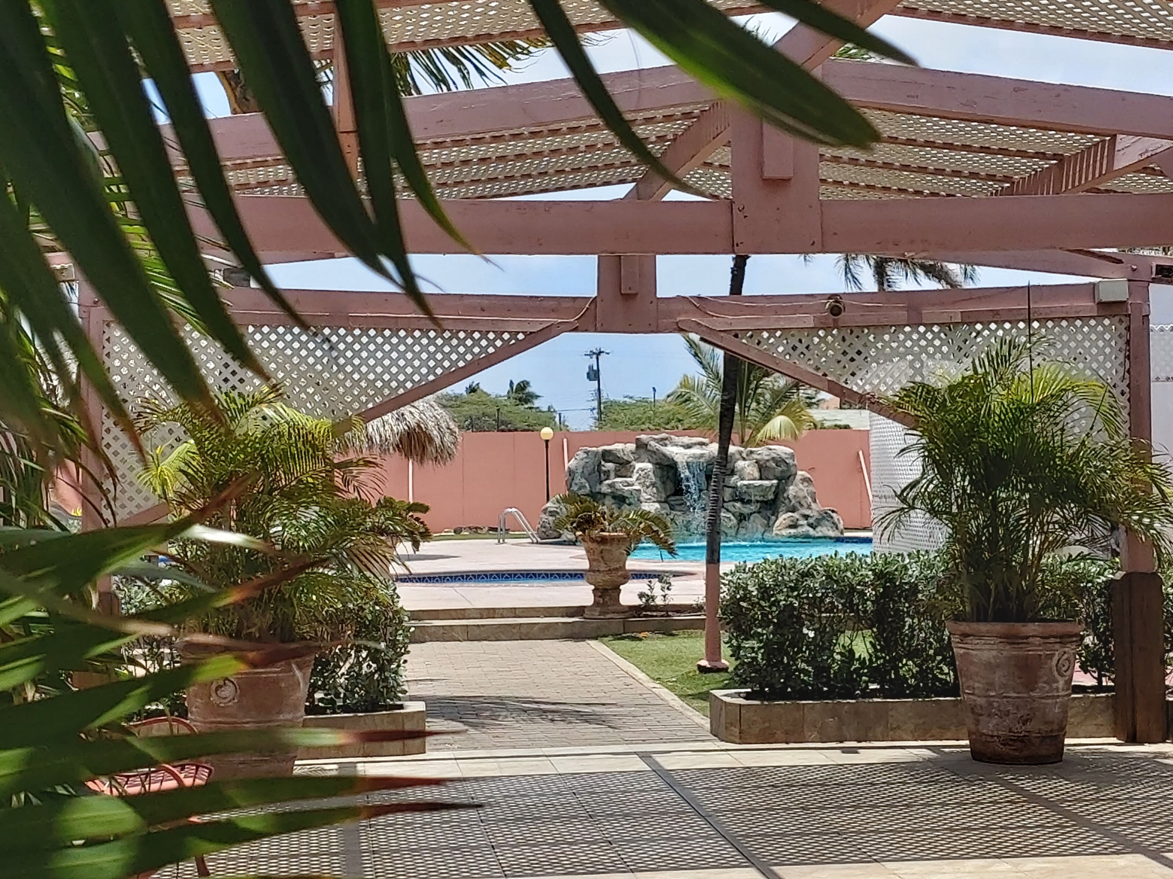 Área externa coberta com piscina, palmeiras e uma formação rochosa.
