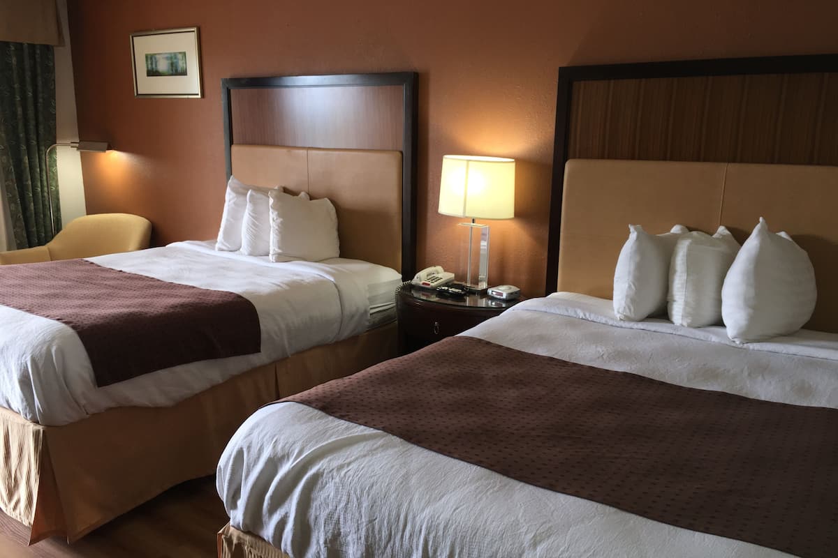 Quarto de hotel com duas camas, cada uma com um cobertor marrom e roupa de cama branca. Há uma mesa de cabeceira com uma lâmpada e um telefone.