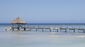 A wooden pier extending into calm waters with a thatched-roof hut and lounge chairs. - Punta Rucia Lodge Hotel Boutique & Spa (Punta Rucia)