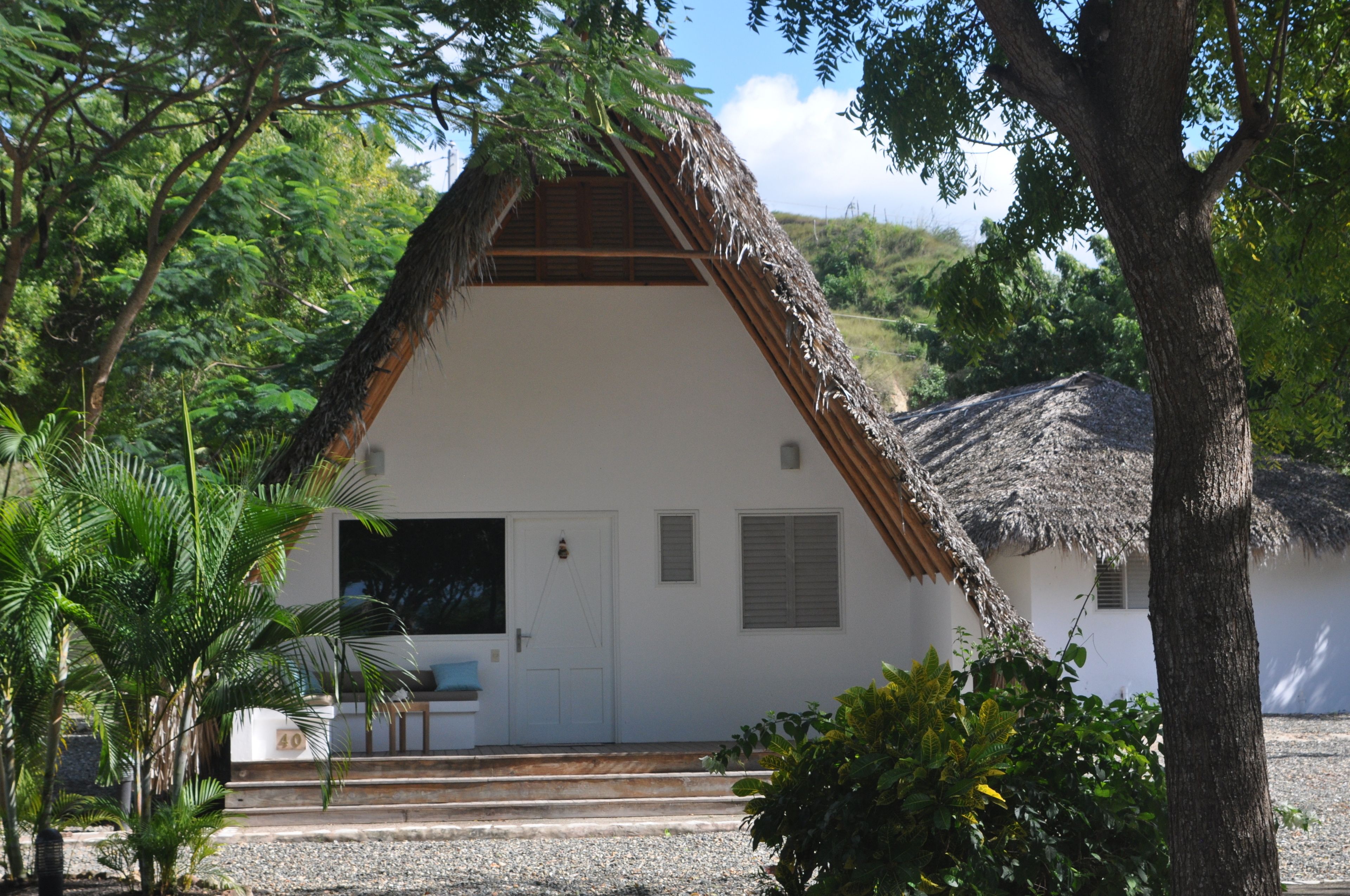 A white building with a thatched roof, surrounded by greenery and trees.