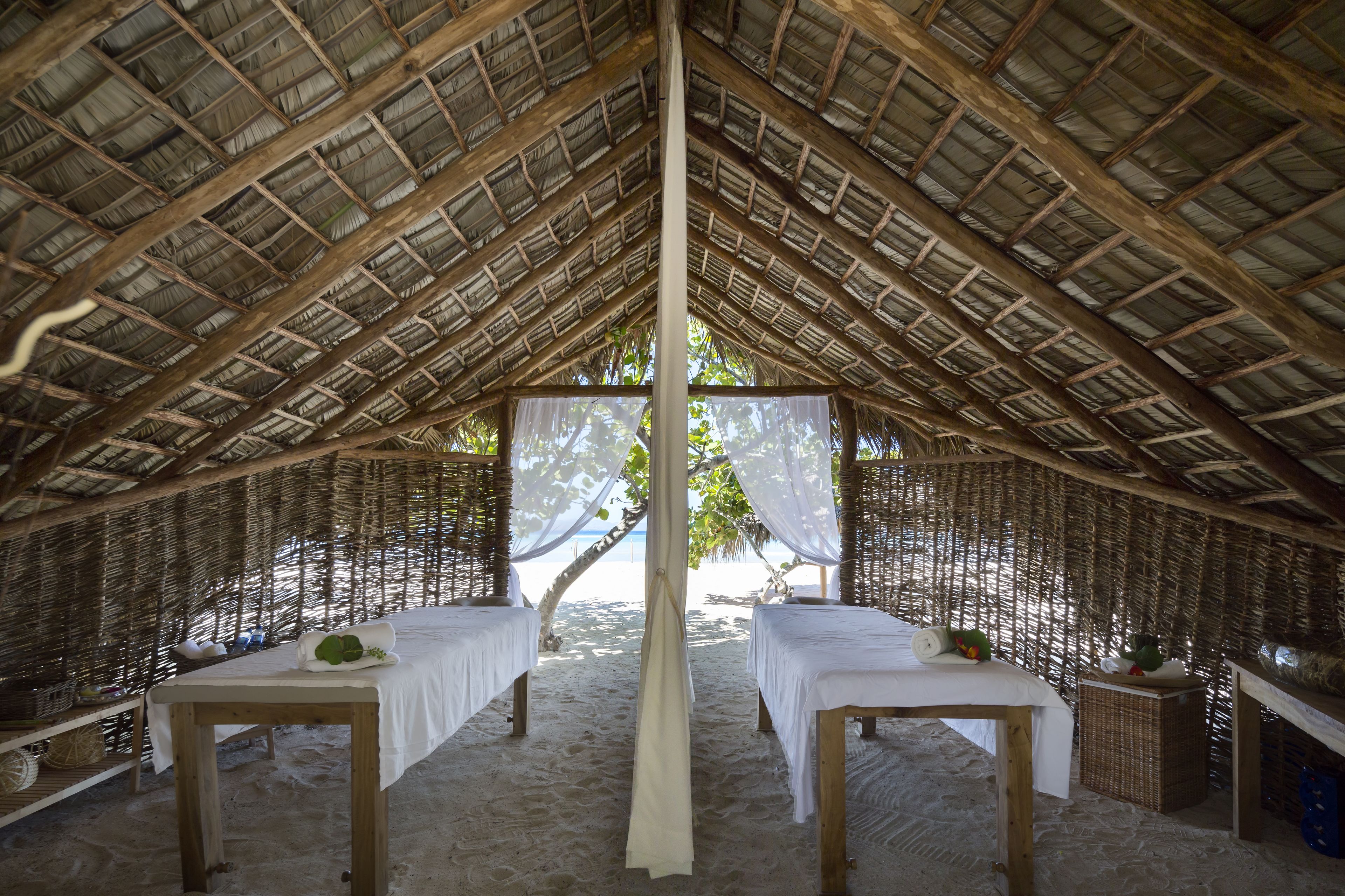 A thatched-roof tent with two beds, each with a white sheet and a small plant.