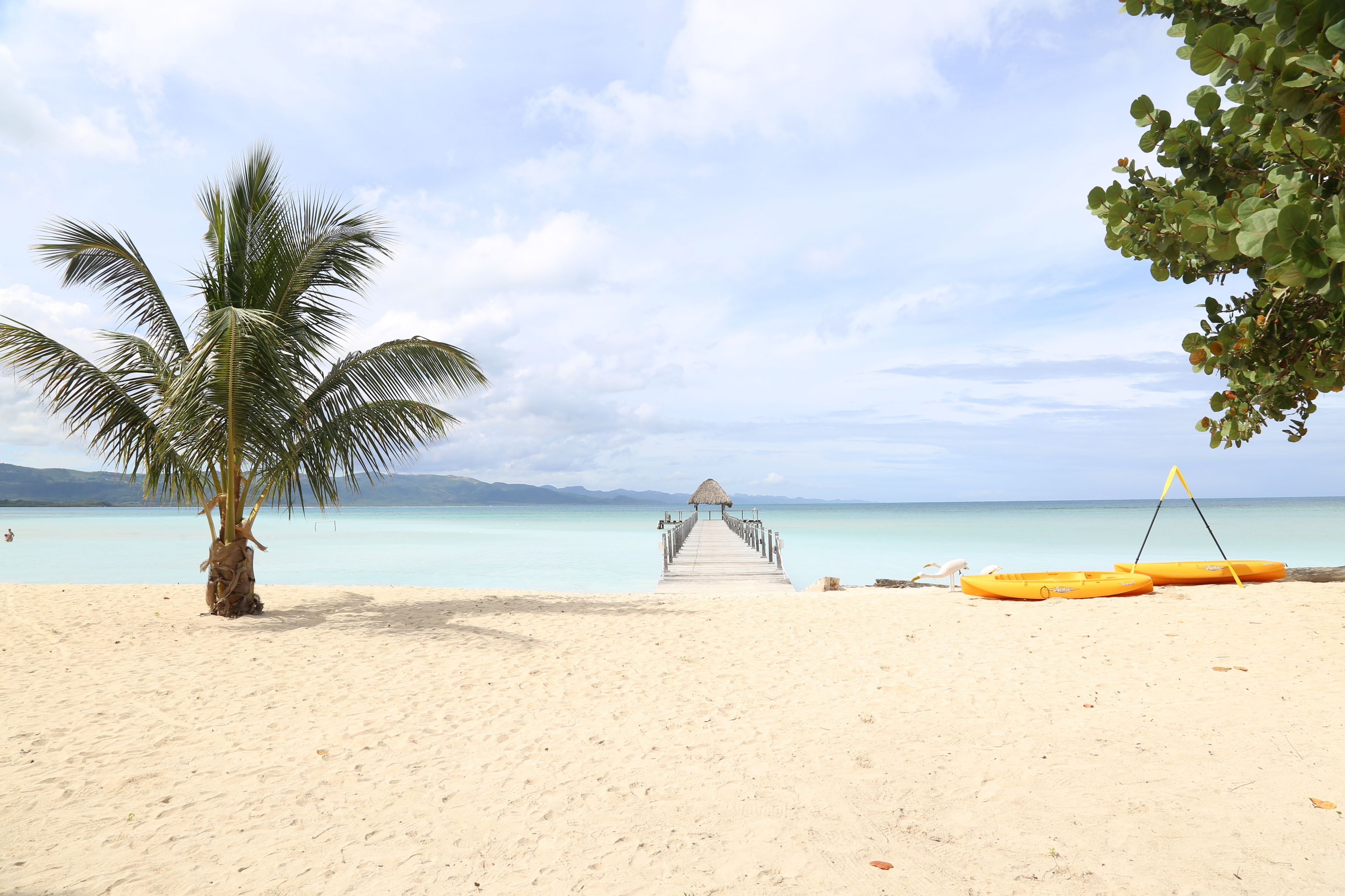 A beach with a wooden pier leading to a thatched-roof structure, a palm tree, and two orange kayaks on the sand.