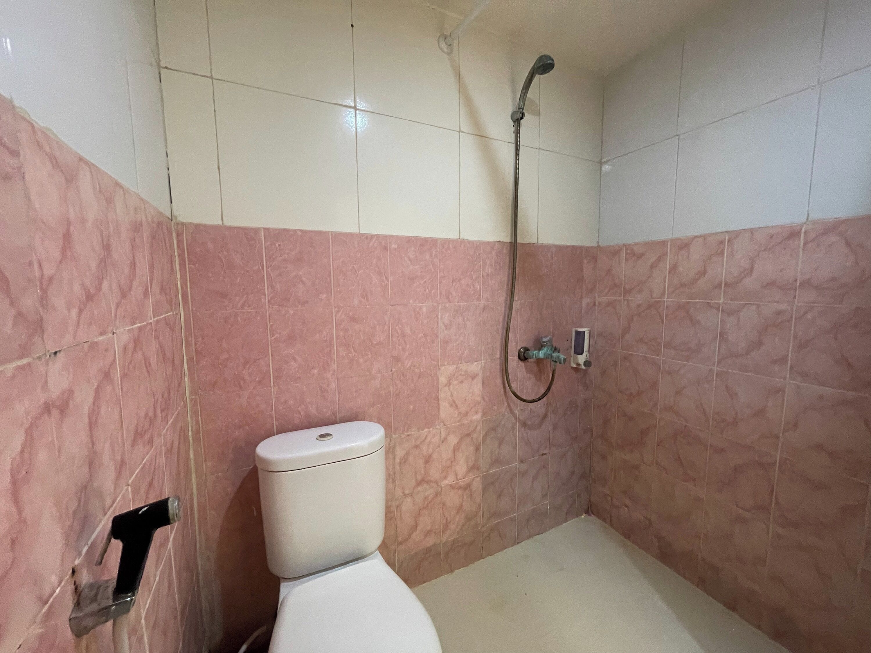 Een badkamer met toilet, douche en handdroger.