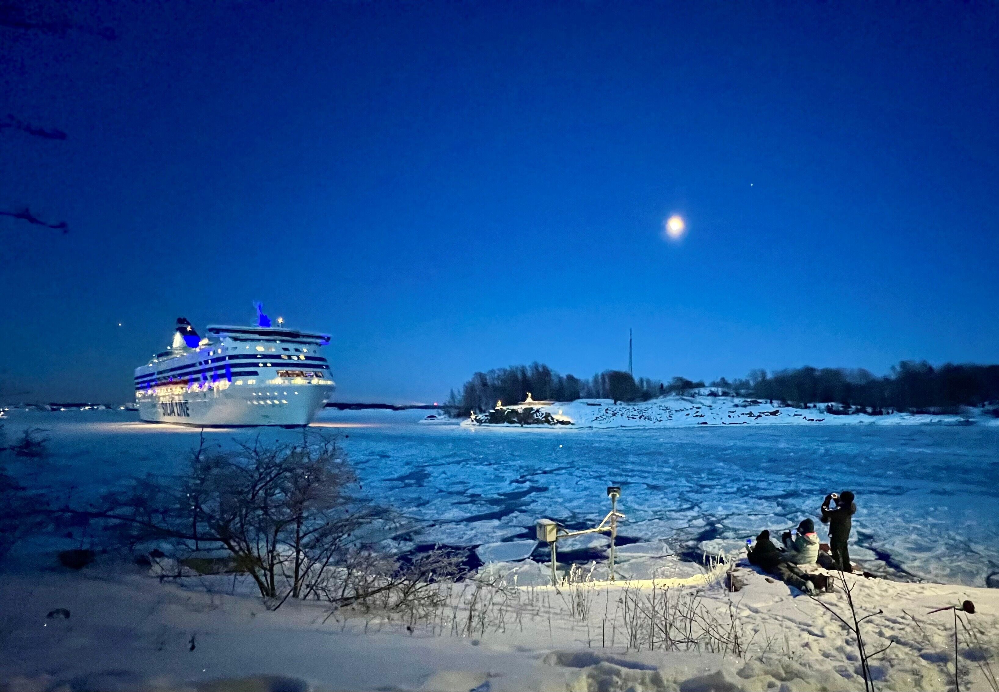 Ein Kreuzfahrtschiff auf gefrorenem Wasser, im Hintergrund verschneite Küsten.