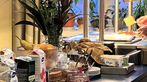 A buffet setup with various food items, a plant, and a window view. - Hostel Suomenlinna (Helsinki)