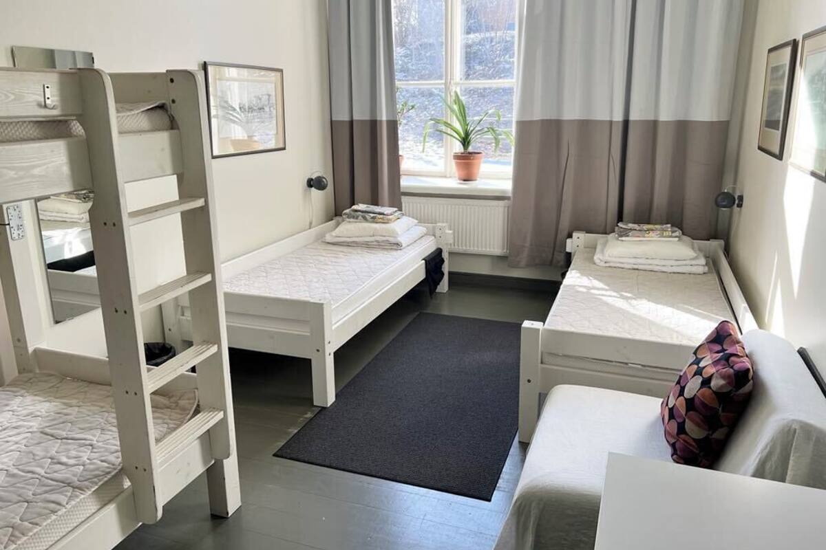 A room with bunk beds, a small window with curtains, a radiator, and a potted plant.