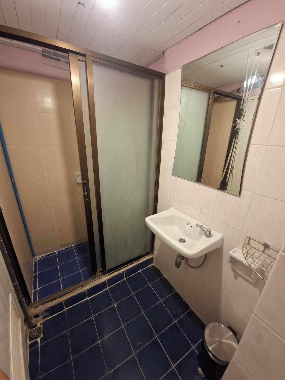 Et badeværelse med bruser, vask og toilet.