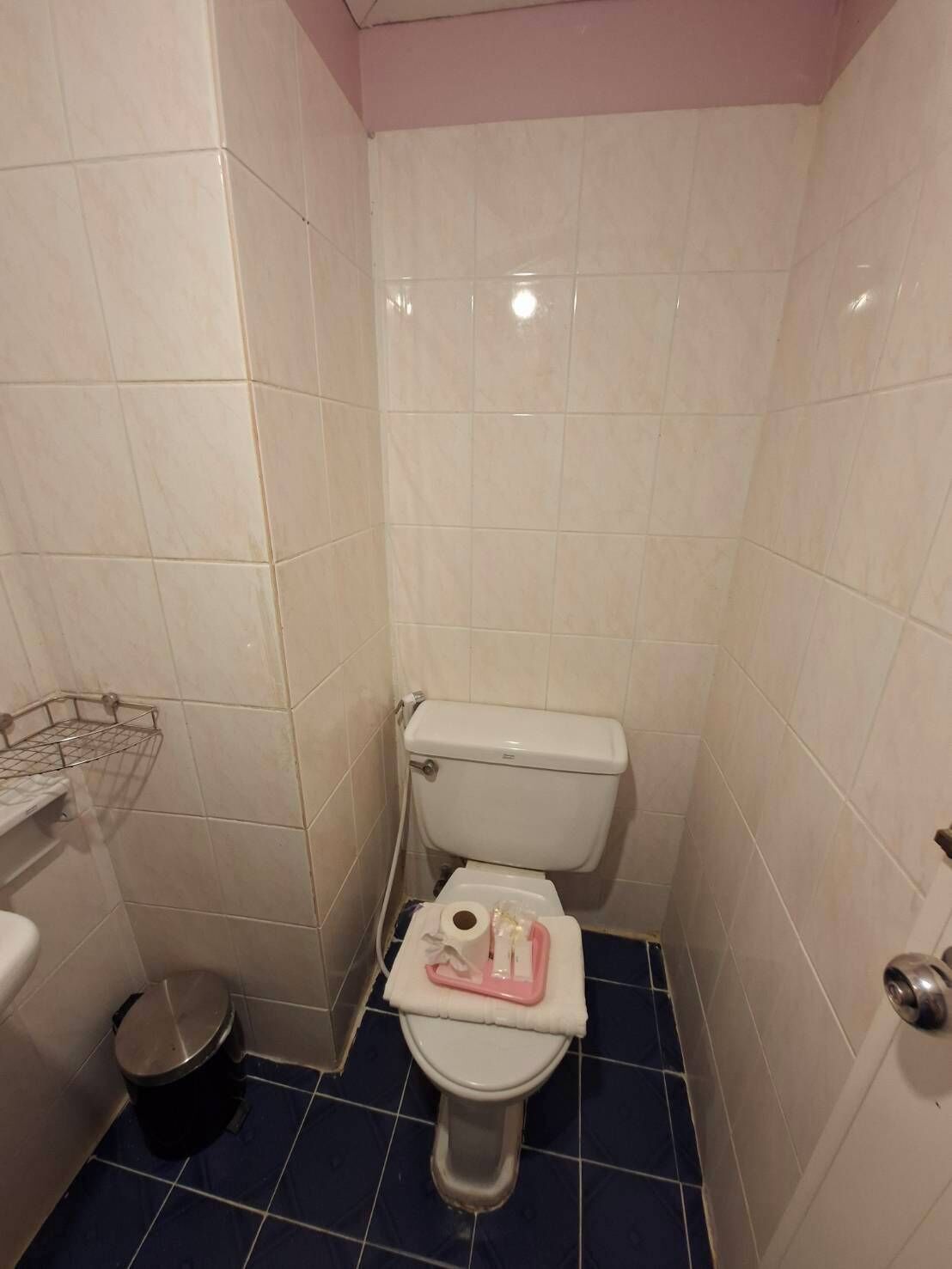 Une petite salle de bain avec des toilettes, une poubelle et une étagère en métal.