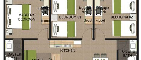 Pianta di un hotel con due camere da letto matrimoniali, due camere, un balcone, una cucina, zona pranzo, soggiorno, bagno principale e un altro bagno, e una TV.