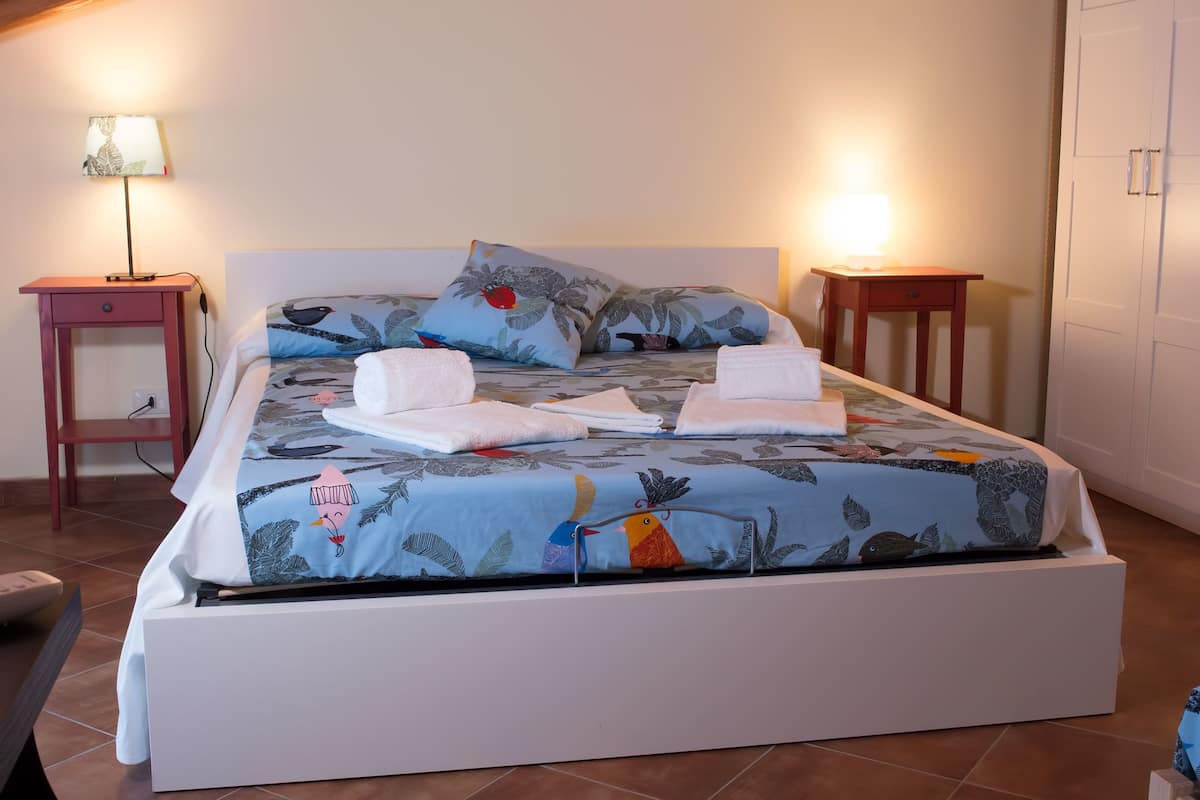 Tweepersoonskamer, gedeelde badkamer | 1 slaapkamer, Italiaanse Frette-lakens, donzen dekbedden, een bureau