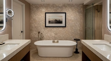 Hair dryer, towels, soap, shampoo
