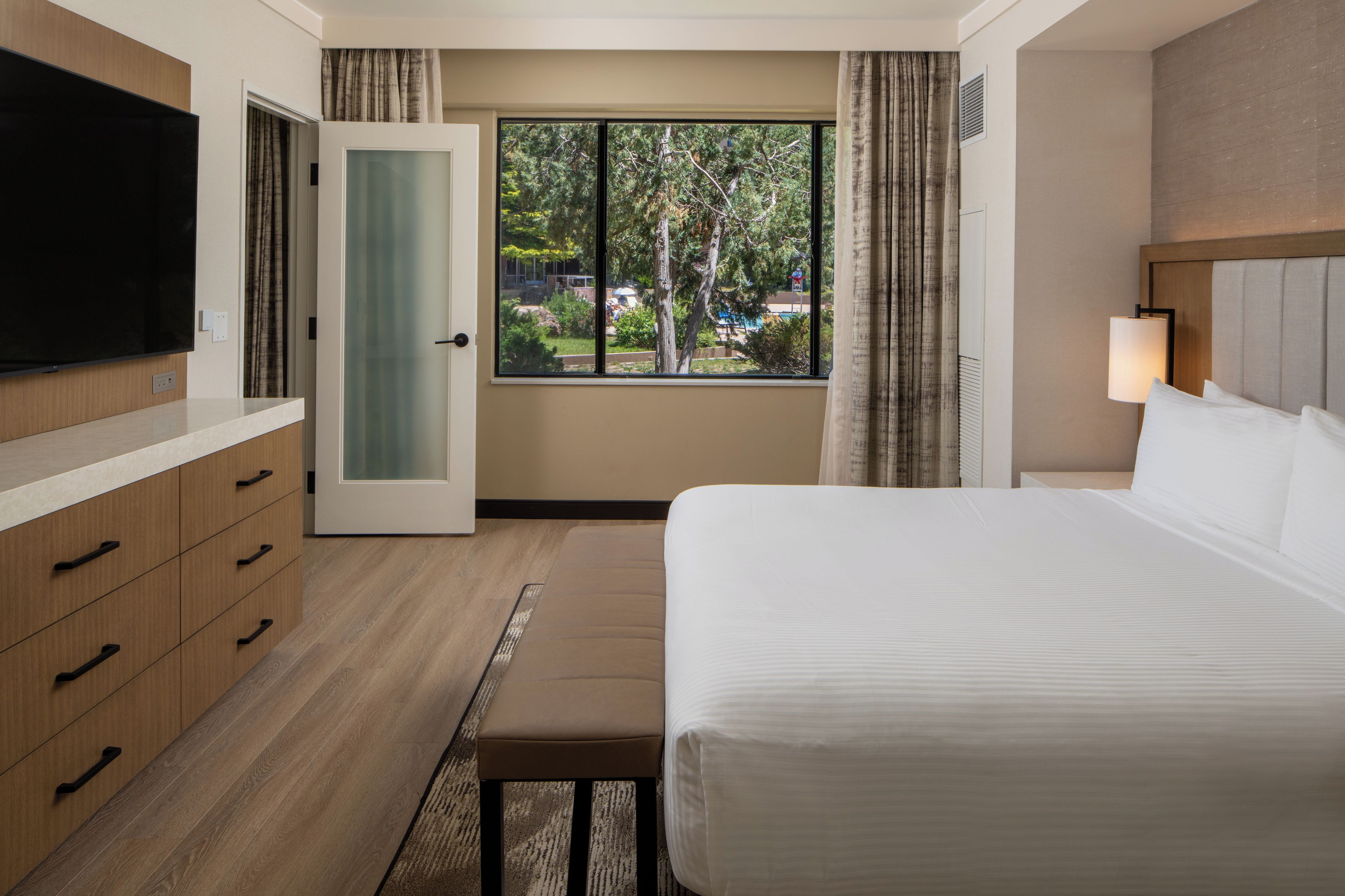 A hotel room with a bed, a TV, a desk with drawers, a window with a view of trees and a building, and a lamp on the nightstand.
