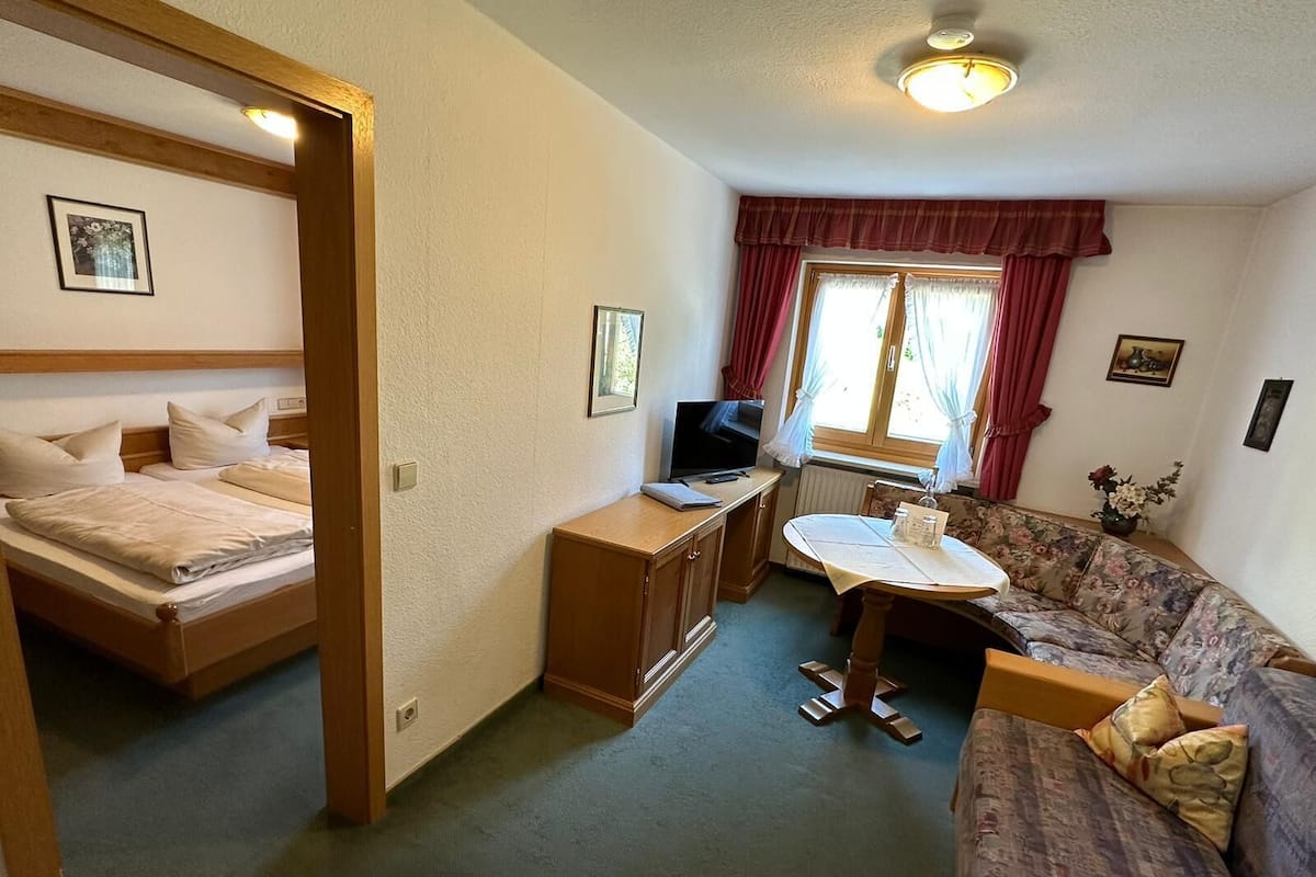 Ein gemütlicher Raum mit Bett, Schlafsofa, kleinem Tisch und Fernseher.