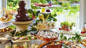 Ein Buffet mit verschiedenen Speisen, einer Schokoladenbrunnen und Blick auf einen Garten.
