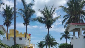 Un resort con piscina, palmeras y vista al mar.