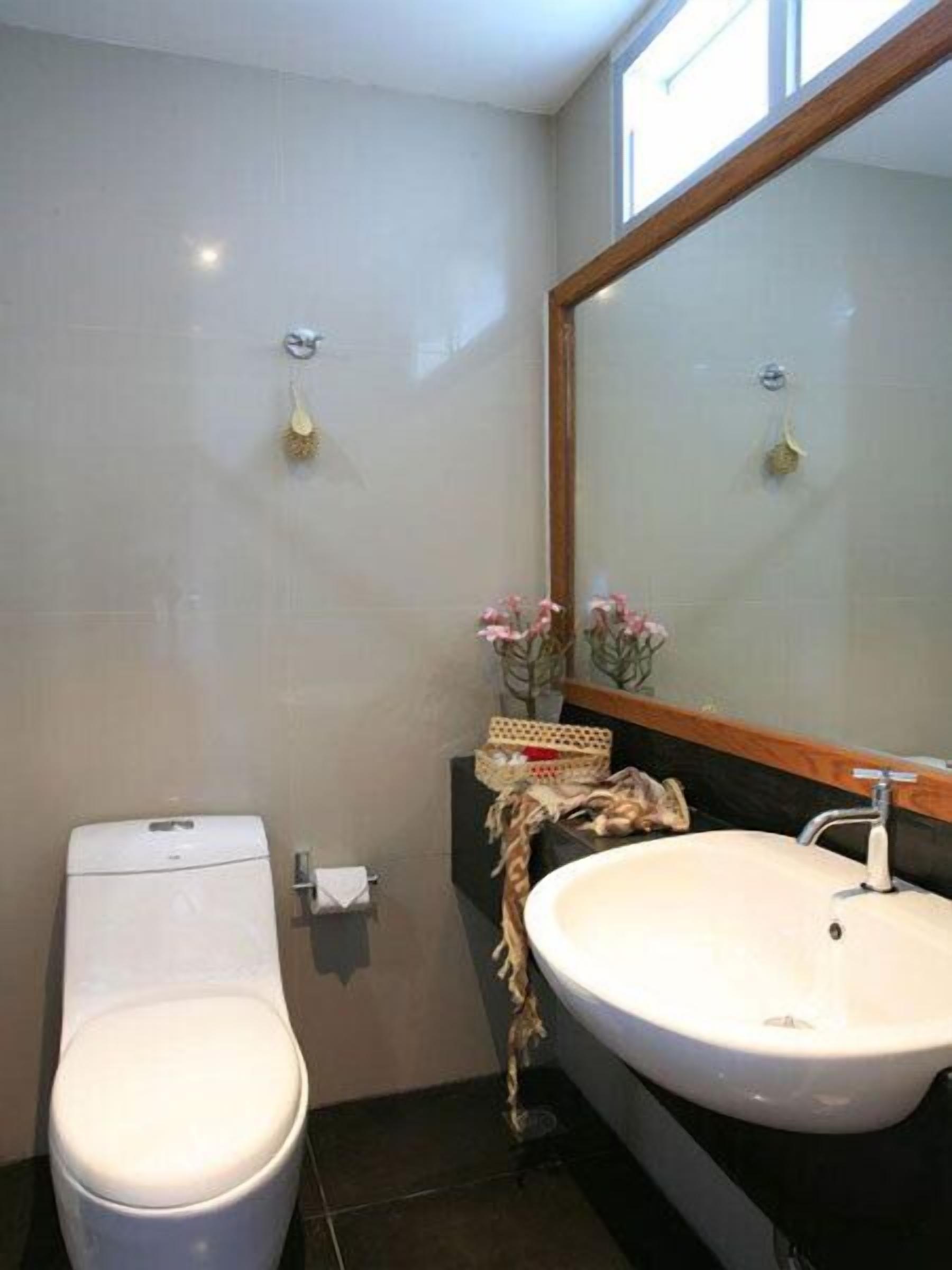 Un baño con inodoro, lavabo y espejo.