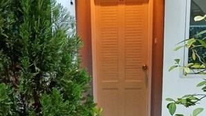 Een houten deur met een klein portaaltje en treden die erheen leiden, omringd door plantenpotten en een pad van stenen.