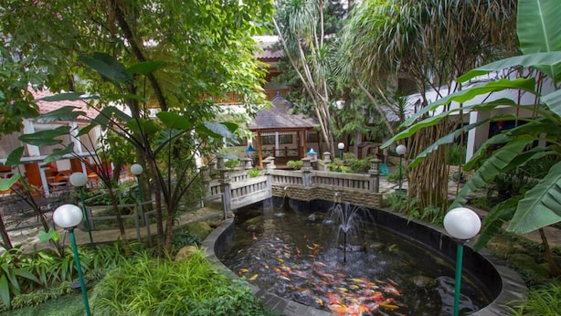 Un bassin à carpes koï entouré d’une végétation luxuriante, un petit pont et, au fond, des bâtiments de style traditionnel.