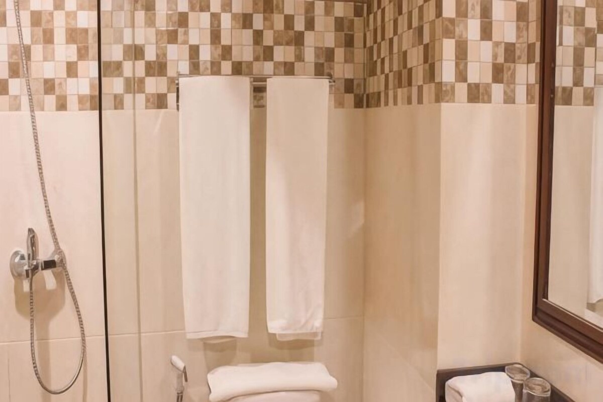 Regadera, amenidades de baño de diseñador, toallas 