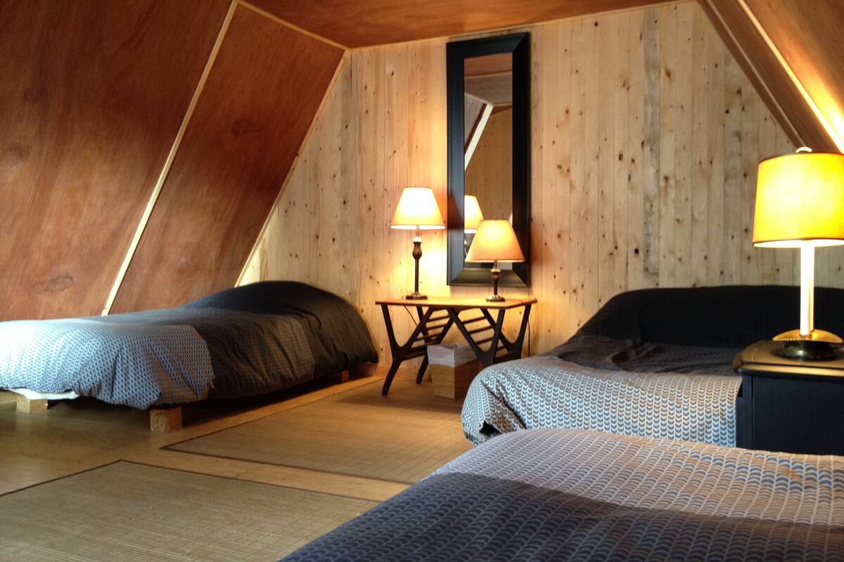 Ein gemütliches Schlafzimmer im Dachgeschoss mit zwei Betten, Holzwänden, einem Spiegel und zwei Nachttischlampen.