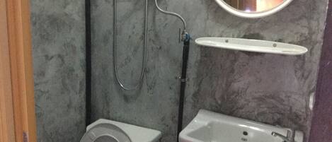 A bathroom with a toilet, a sink, and a mirror.