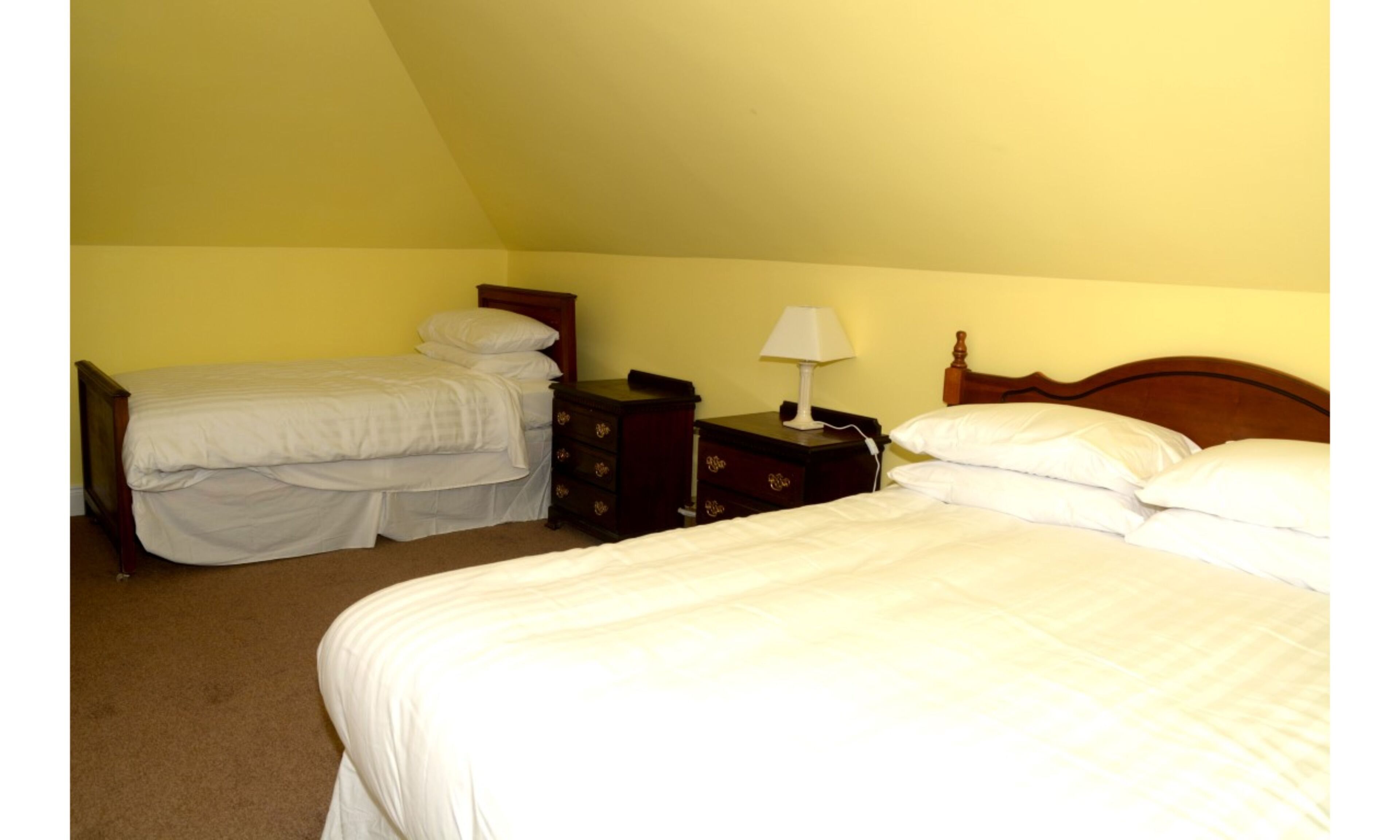 A room with two single beds, a nightstand with a lamp, and a dresser.