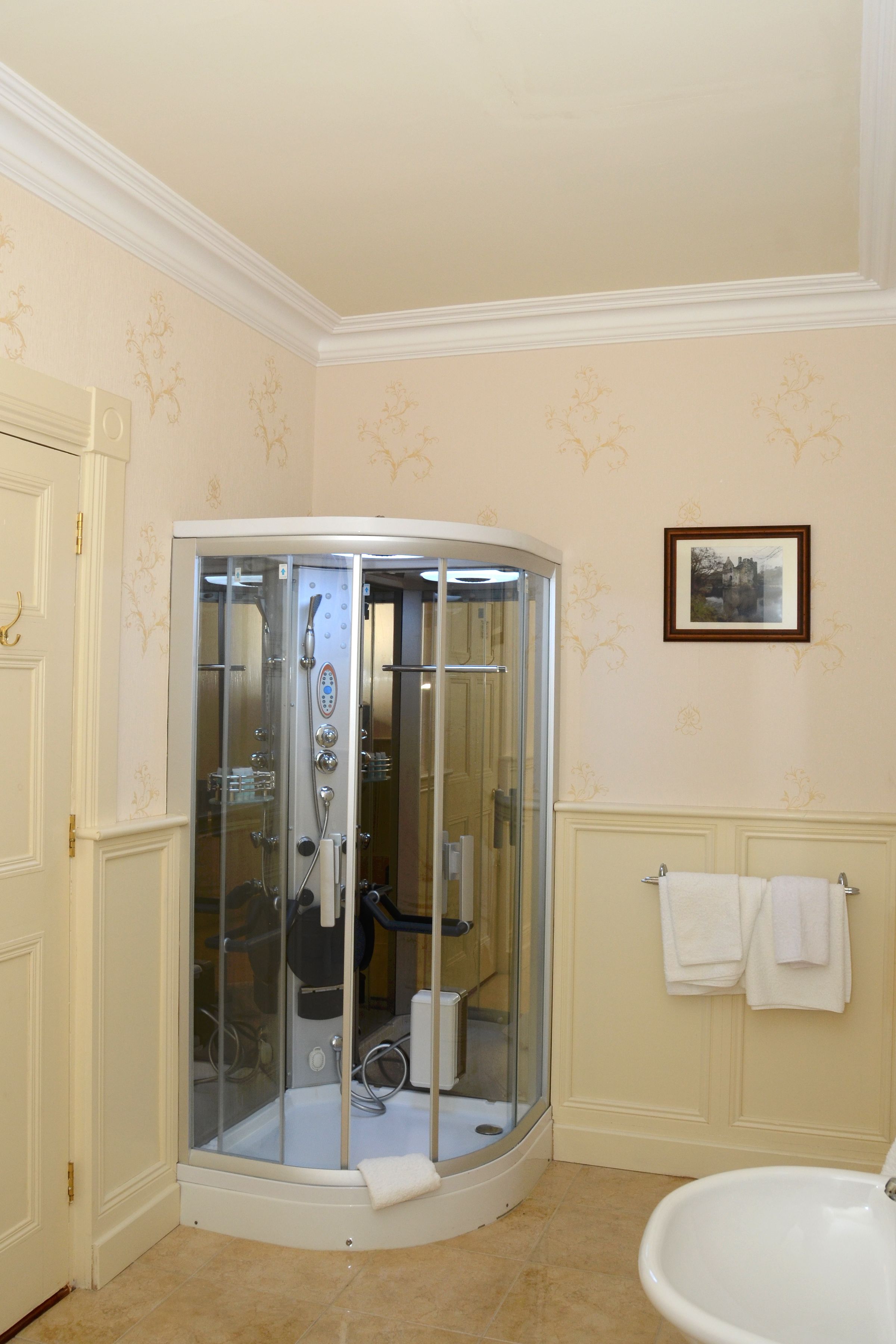 A corner shower enclosure with a glass door, a white bathtub, and a framed picture on the wall.
