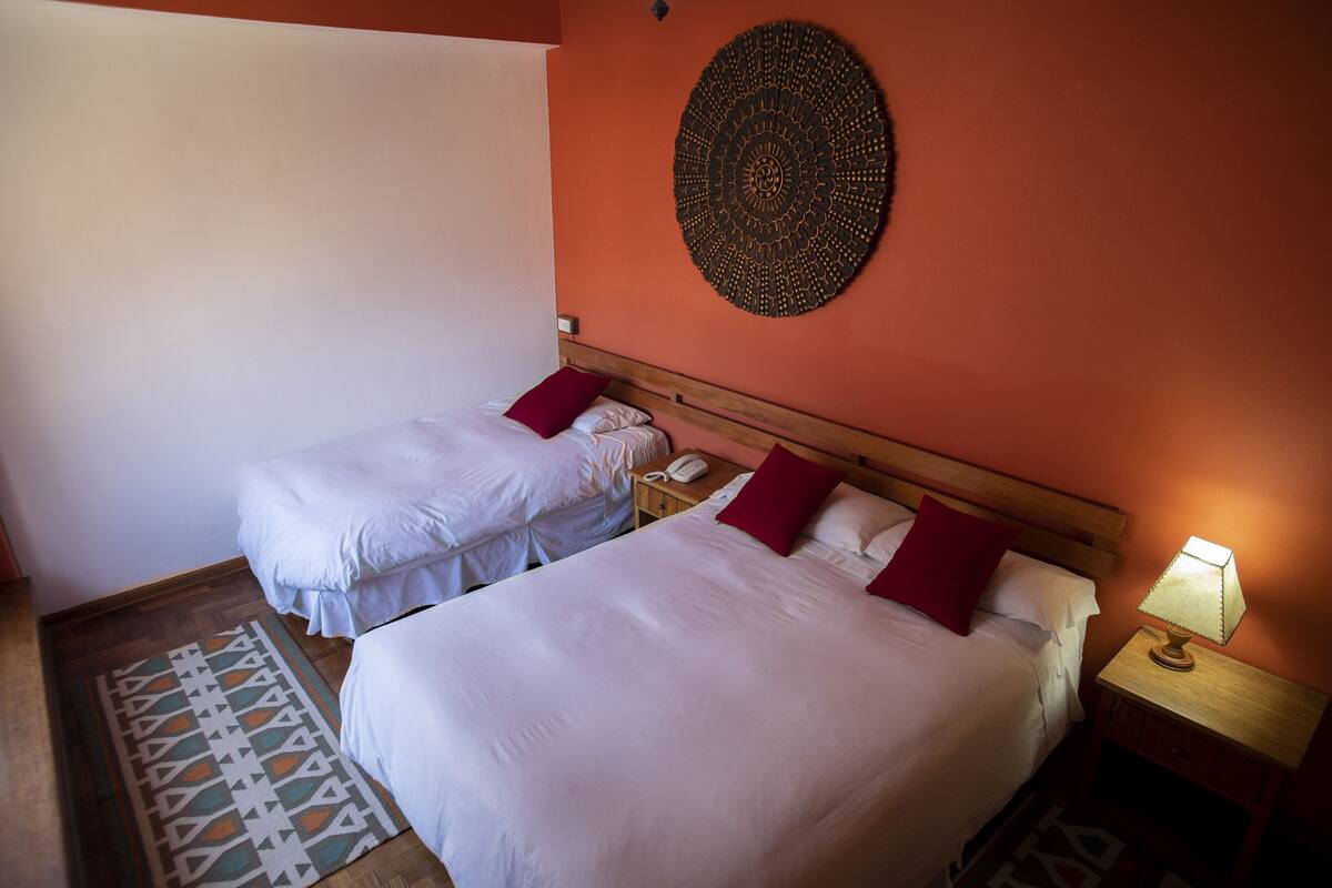 Une chambre d’hôtel avec deux lits, un tapis à motifs, un élément décoratif mural et une lampe de chevet.