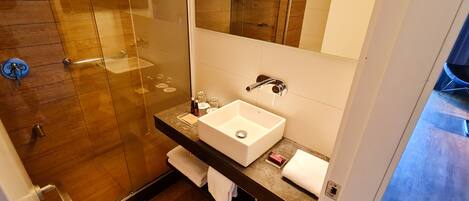 A modern bathroom with a glass shower enclosure, a white sink, and a large mirror above the vanity.