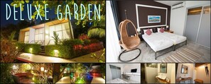 A modern hotel with a well-lit garden, a cozy bedroom with a hanging chair, and a bathroom with a large mirror and sink. - LG Lemon Grass (Sattahip)