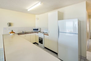 Full-size fridge, microwave, dishwasher, electric kettle