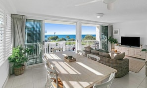 Deluxe 3 Bedroom Ocean View Apartment | Living area | Flat-screen TV, DVD player