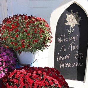 A welcome sign with a flower illustration and the text "Welcome to the Hann Homestead."